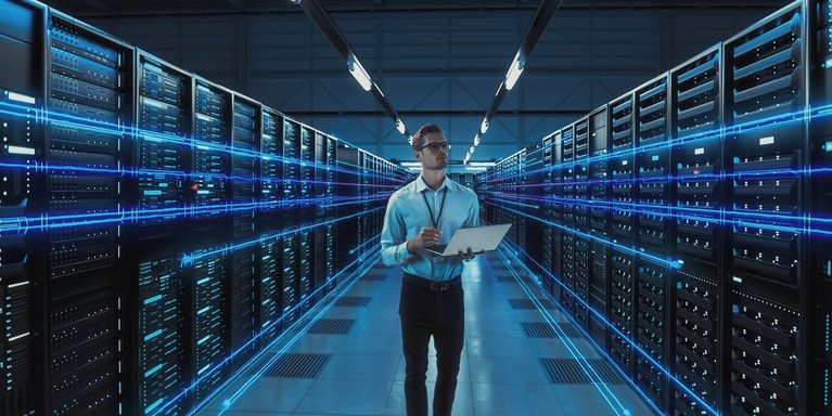 Engineer monitoring automated data pipeline flows in a data center